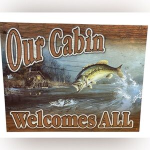 NEW Our Cabin Welcomes All Tin Metal Sign Home Decor Fishing Rustic Lakehouse